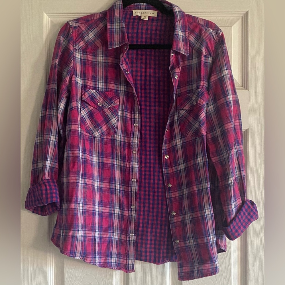 Love stitch snap up shirt with plaid and gingham patterns.